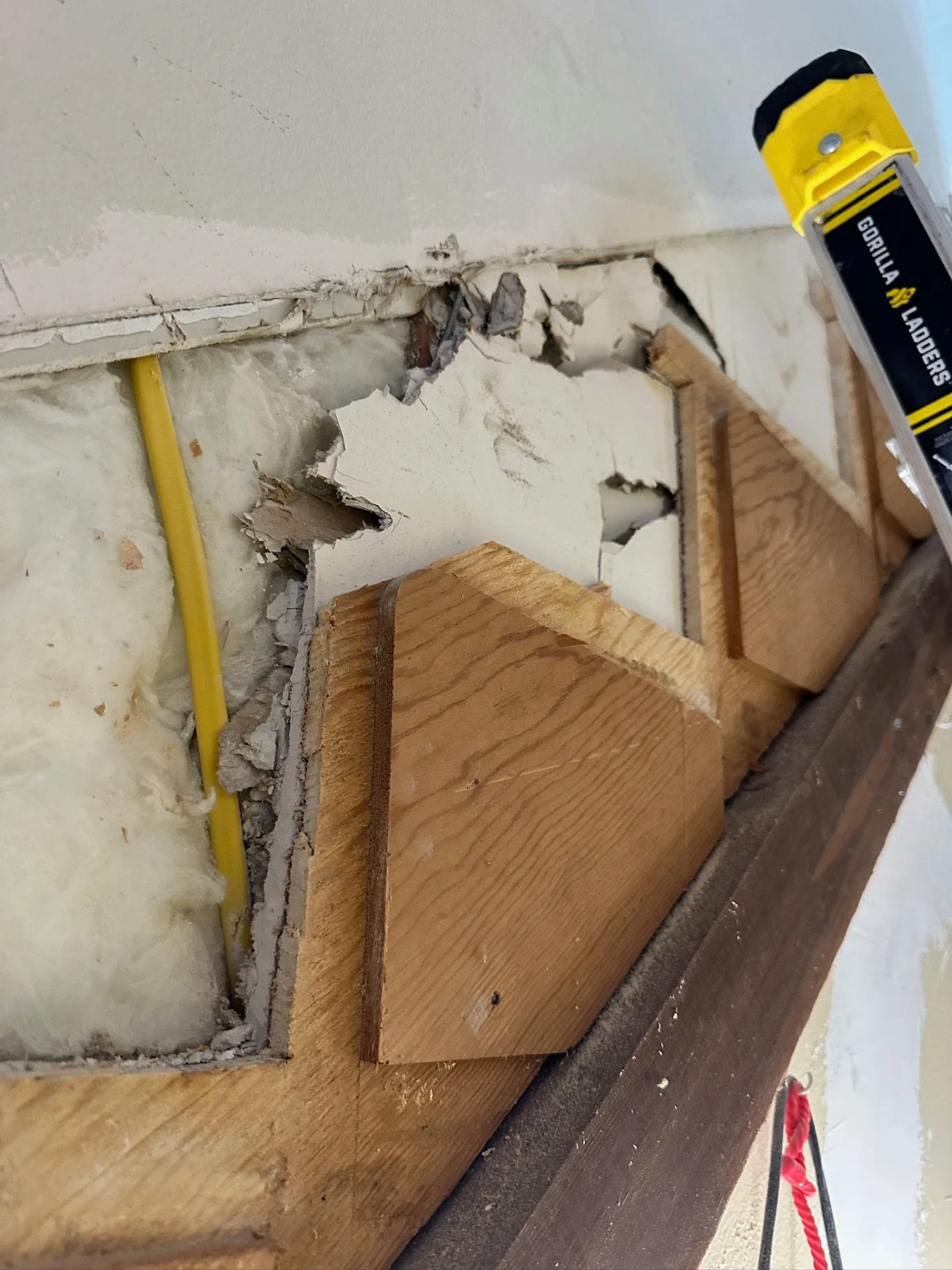 Rotted wood parapet framing exposed at the roofline of Blanke Street Metairie home with insulation and yellow electrical wire visible behind torn drywall