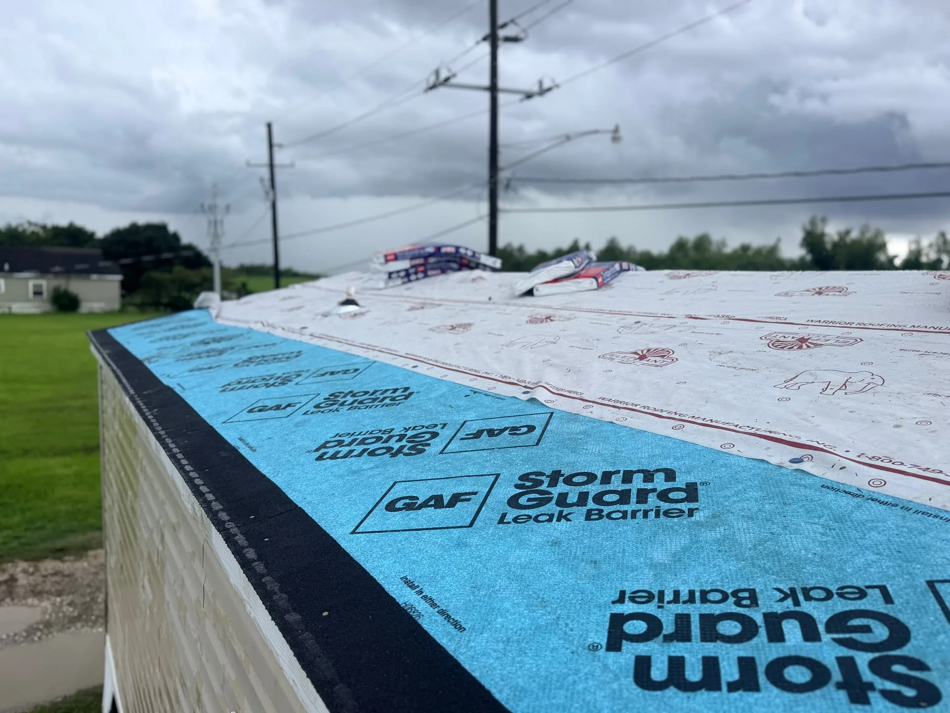 GAF StormGuard leak barrier installed along the eave over new roof decking in Braithwaite Louisiana