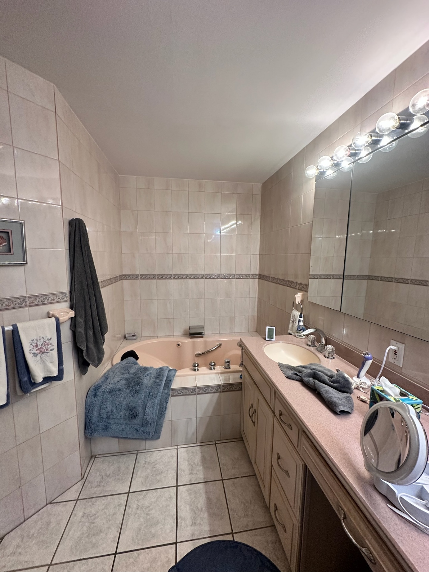 Before — dated globe-bulb light bar and laminate vanity in Metairie master bath