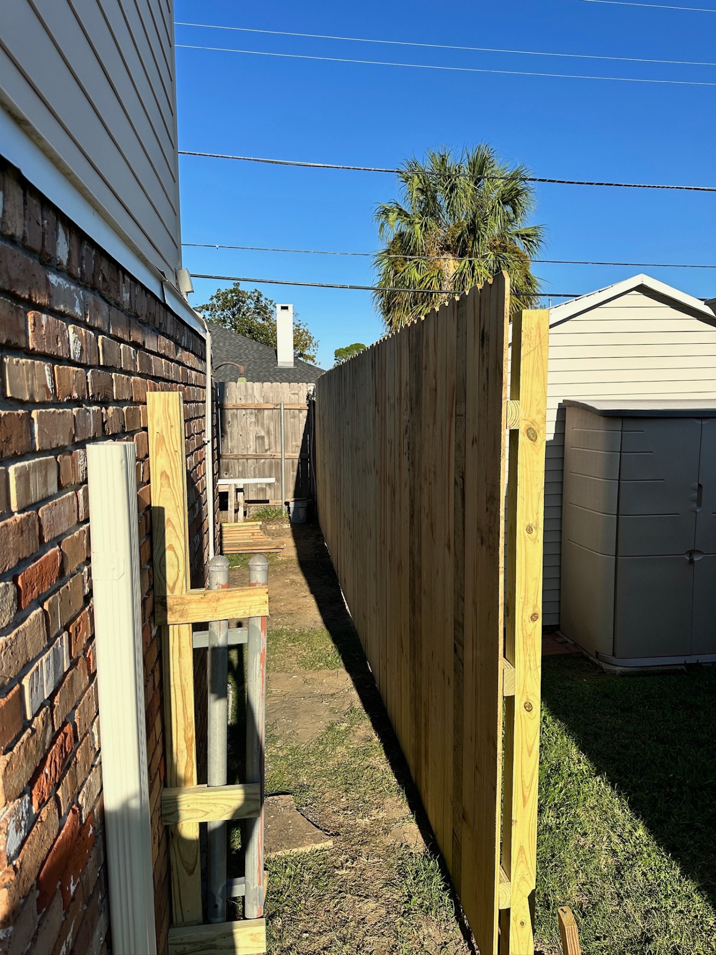 New treated dog-eared privacy fence installed down the narrow side yard of the Bissonet Dr Metairie home between the brick wall and a plastic storage shed with palm tree overhead