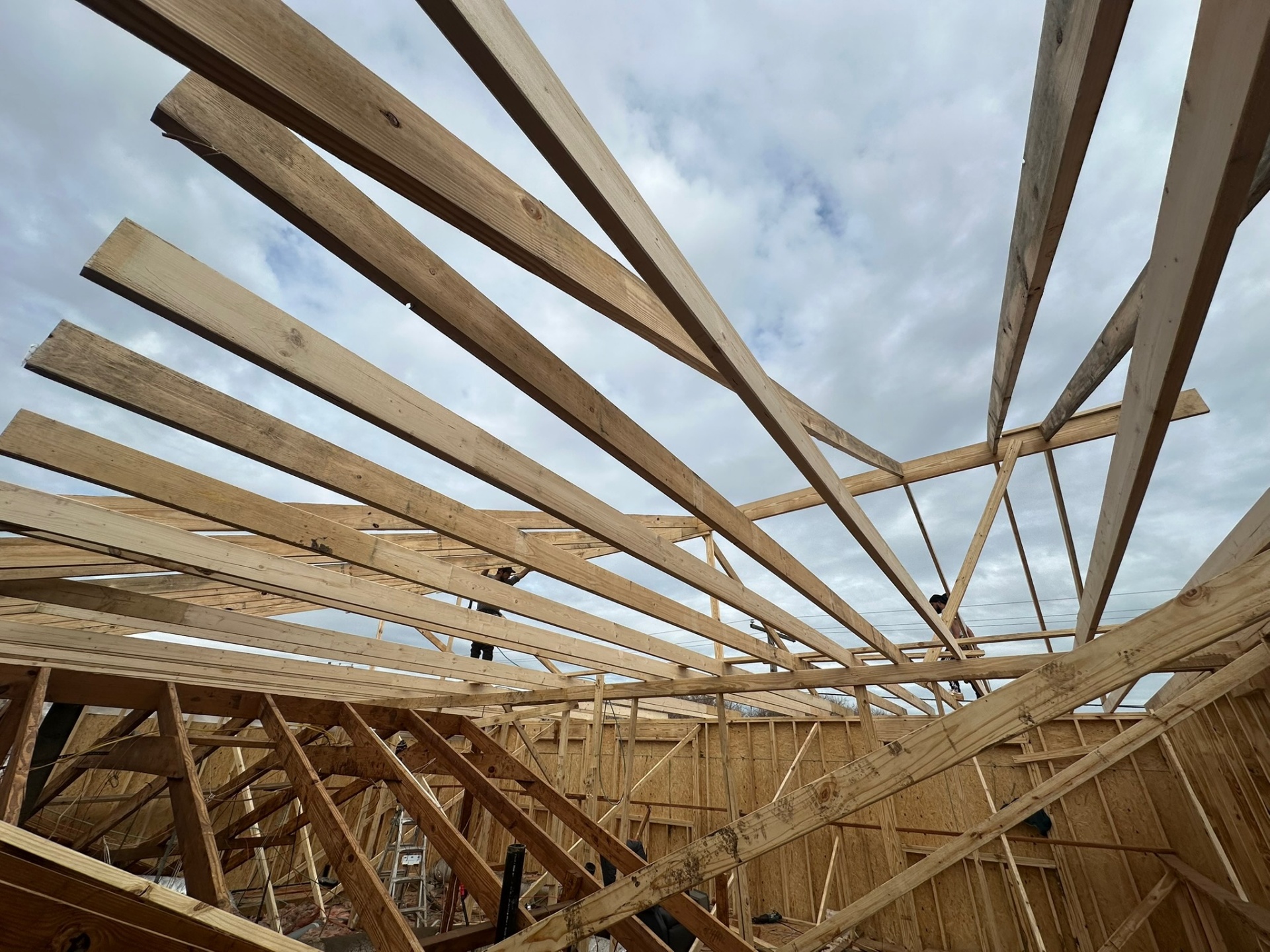 Looking up at new roof rafters fanning out across the open sky inside Metairie second-floor addition before decking goes on