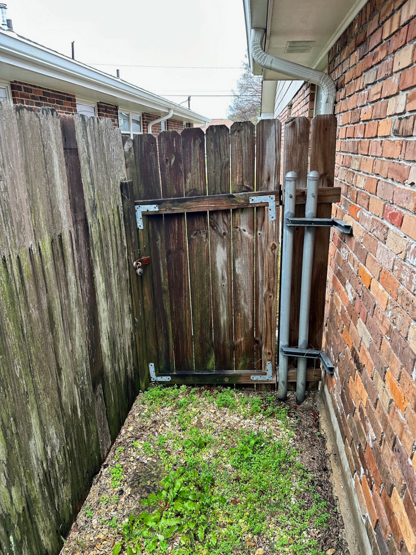 Before photo — old weathered wood side-yard gate at the Bissonet Dr Metairie home with moss-covered pickets, rusting hardware and galvanized meter pipes against the brick wall