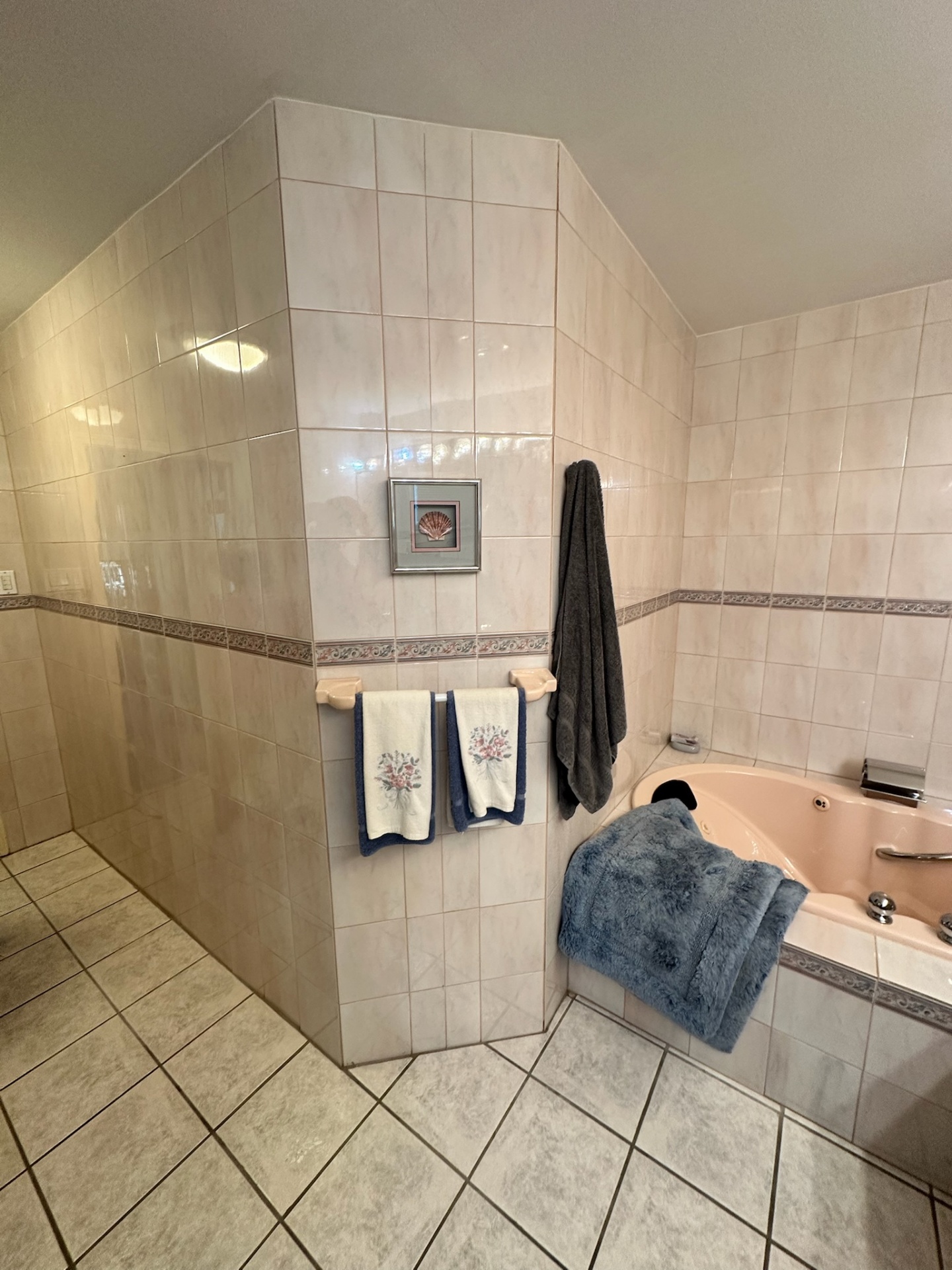 Before — half wall dividing tub area and toilet room with floral border tile in Metairie master bath