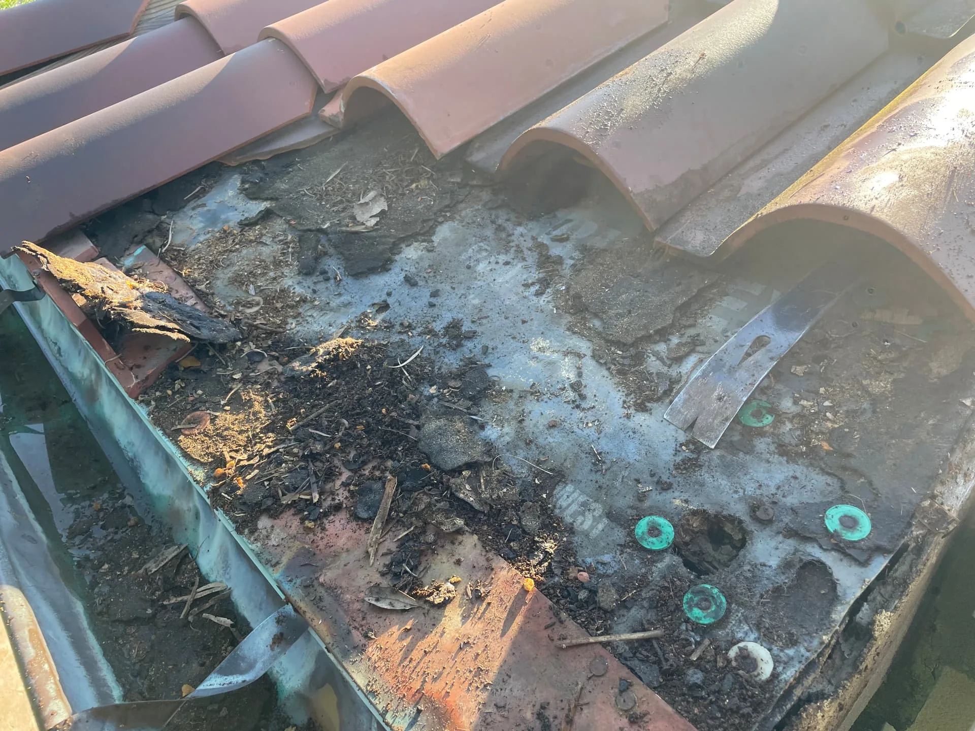Half round copper gutter filled with debris and failing flashing under terra cotta roof tiles in Metairie Louisiana