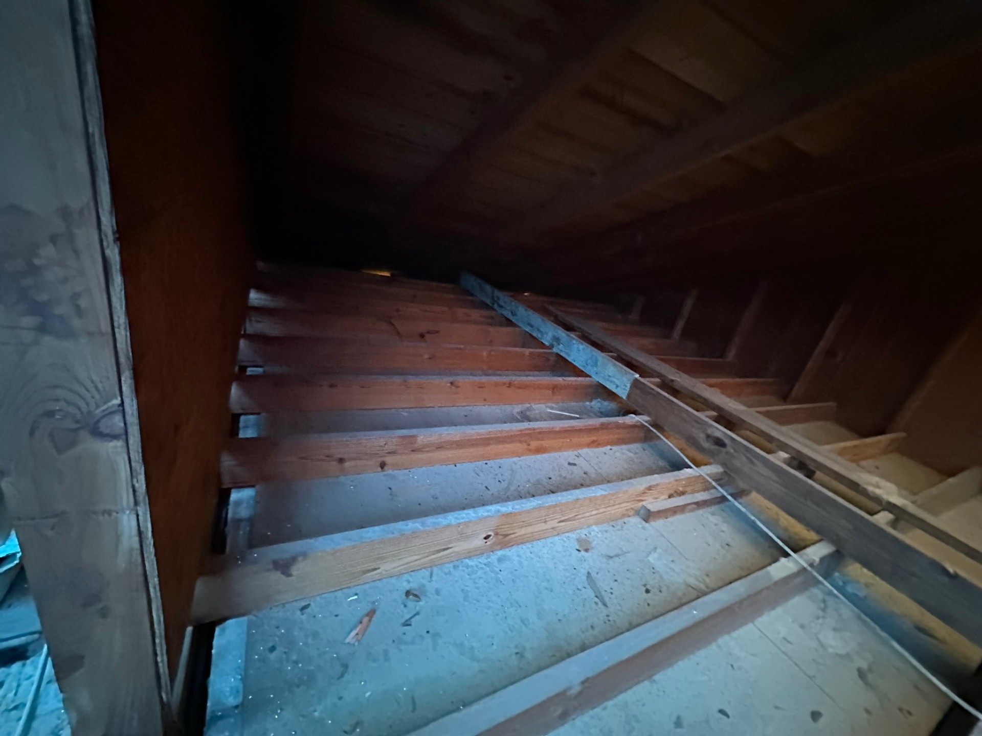 Existing single-story attic in Metairie home before second-floor addition showing original rafters and decking