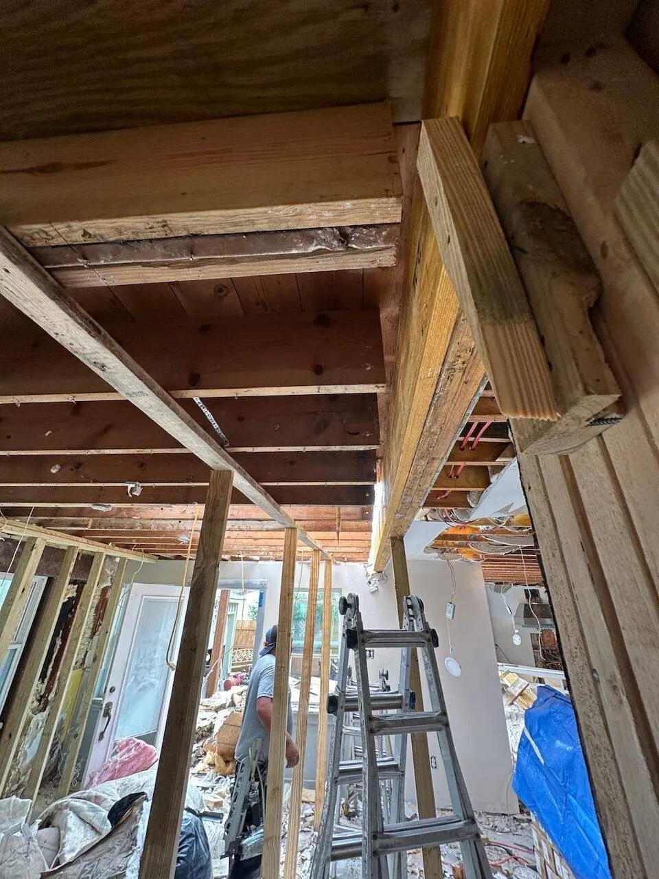 Interior structural beam and joist framing detail during major renovation