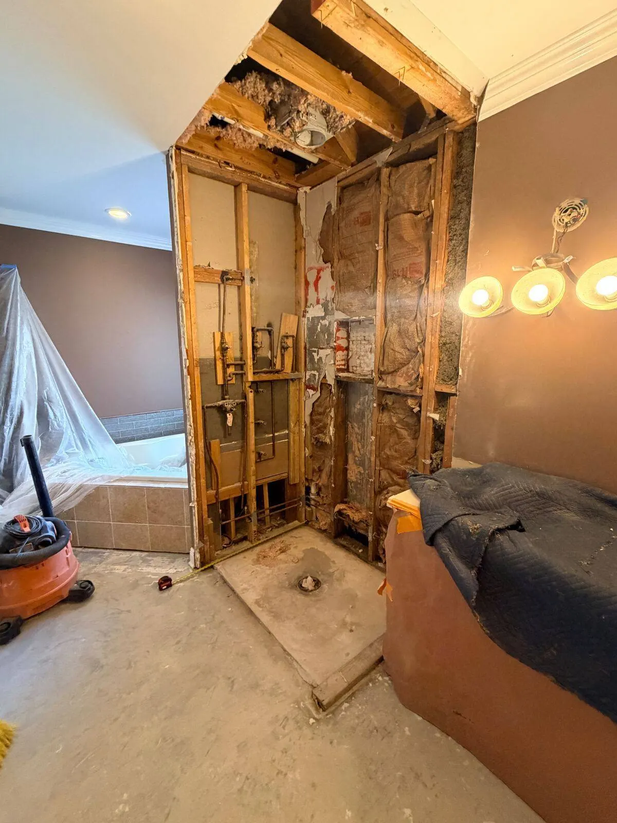 Master bathroom shower stall fully gutted to studs exposing original plumbing valves insulation and ceiling joists during Destrehan LA renovation