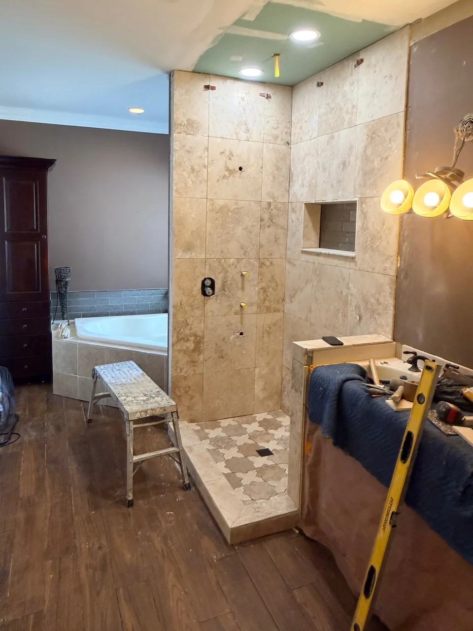 Cajun Home Services repeat customer master bathroom remodel progress photo 21 in Destrehan, St. Charles Parish, Louisiana — full gut, waterproofing, tile rebuild documentation