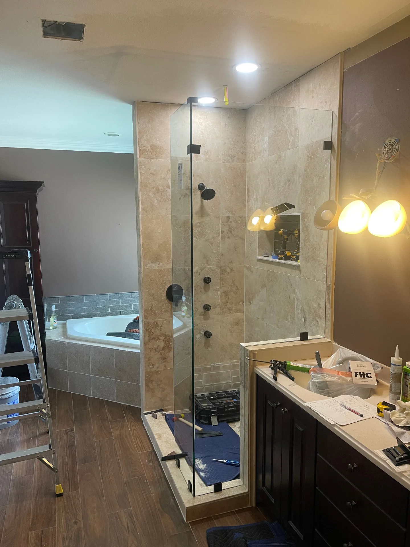 Cajun Home Services repeat customer master bathroom remodel progress photo 25 in Destrehan, St. Charles Parish, Louisiana — full gut, waterproofing, tile rebuild documentation