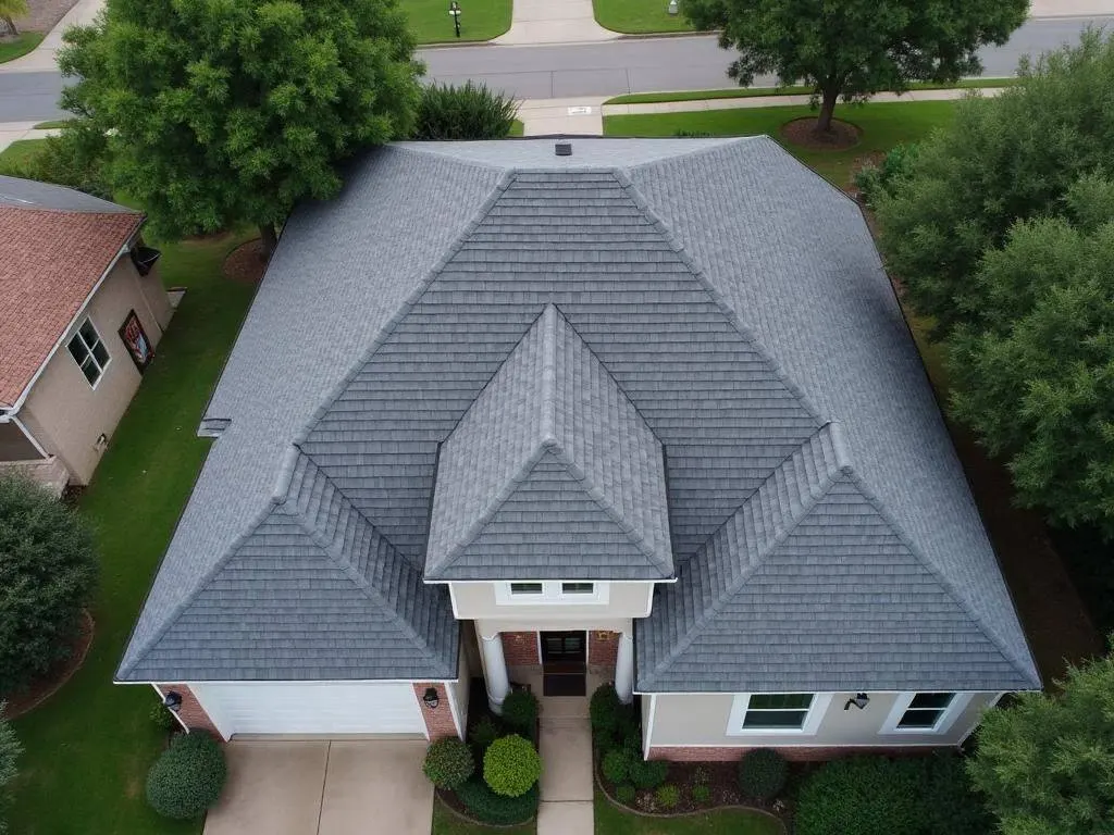 Aerial drone view of completed shingle roof replacement in Kenner LA