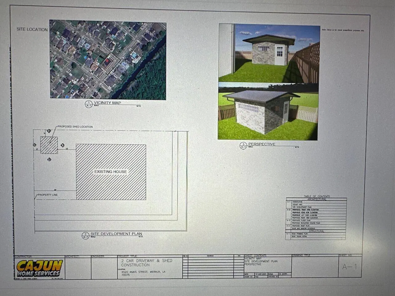 Cajun Home Services architectural plan sheet for new construction shed project in Meraux Louisiana