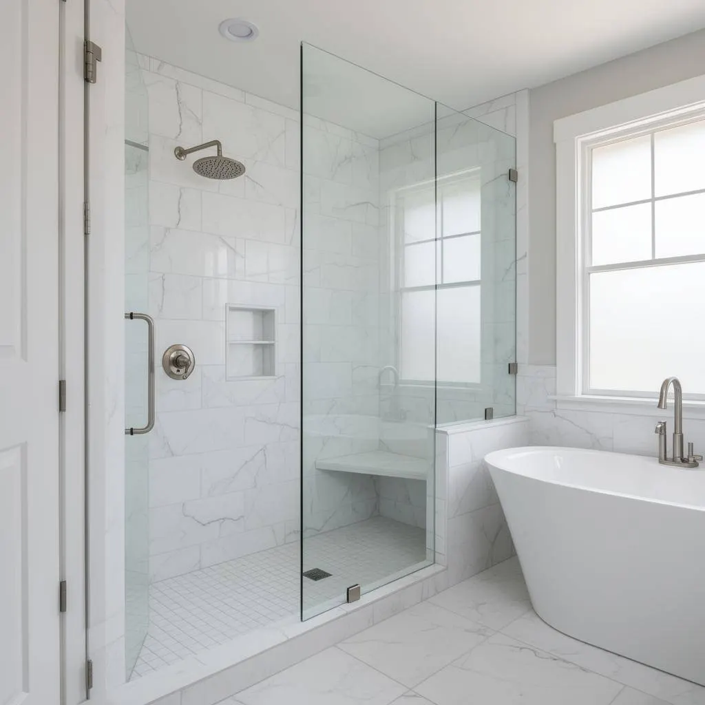 Luxury bathroom remodel with glass shower and soaking tub in Mandeville Louisiana