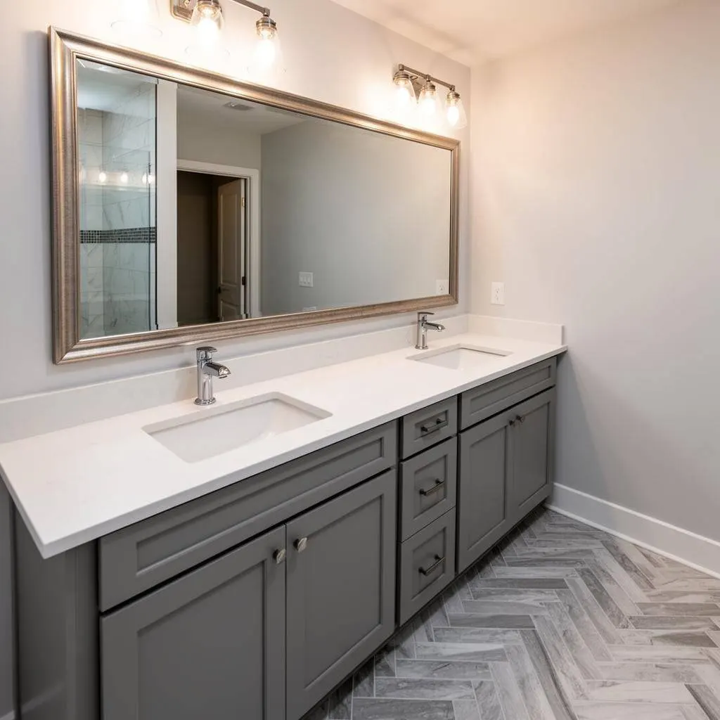 Double vanity bathroom renovation with herringbone tile in Gretna Louisiana