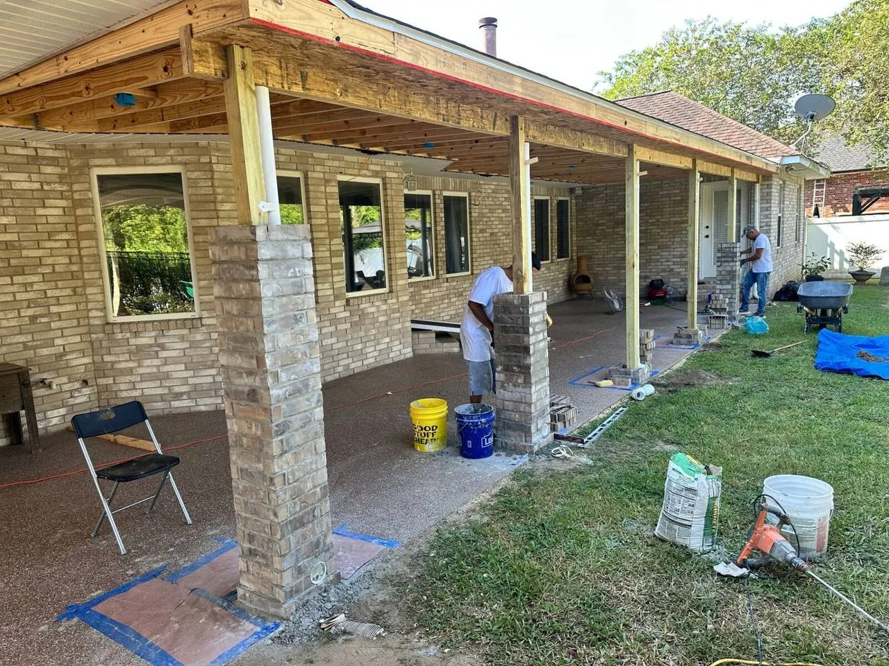 Brick column installation for covered patio addition in Destrehan, St. Charles Parish
