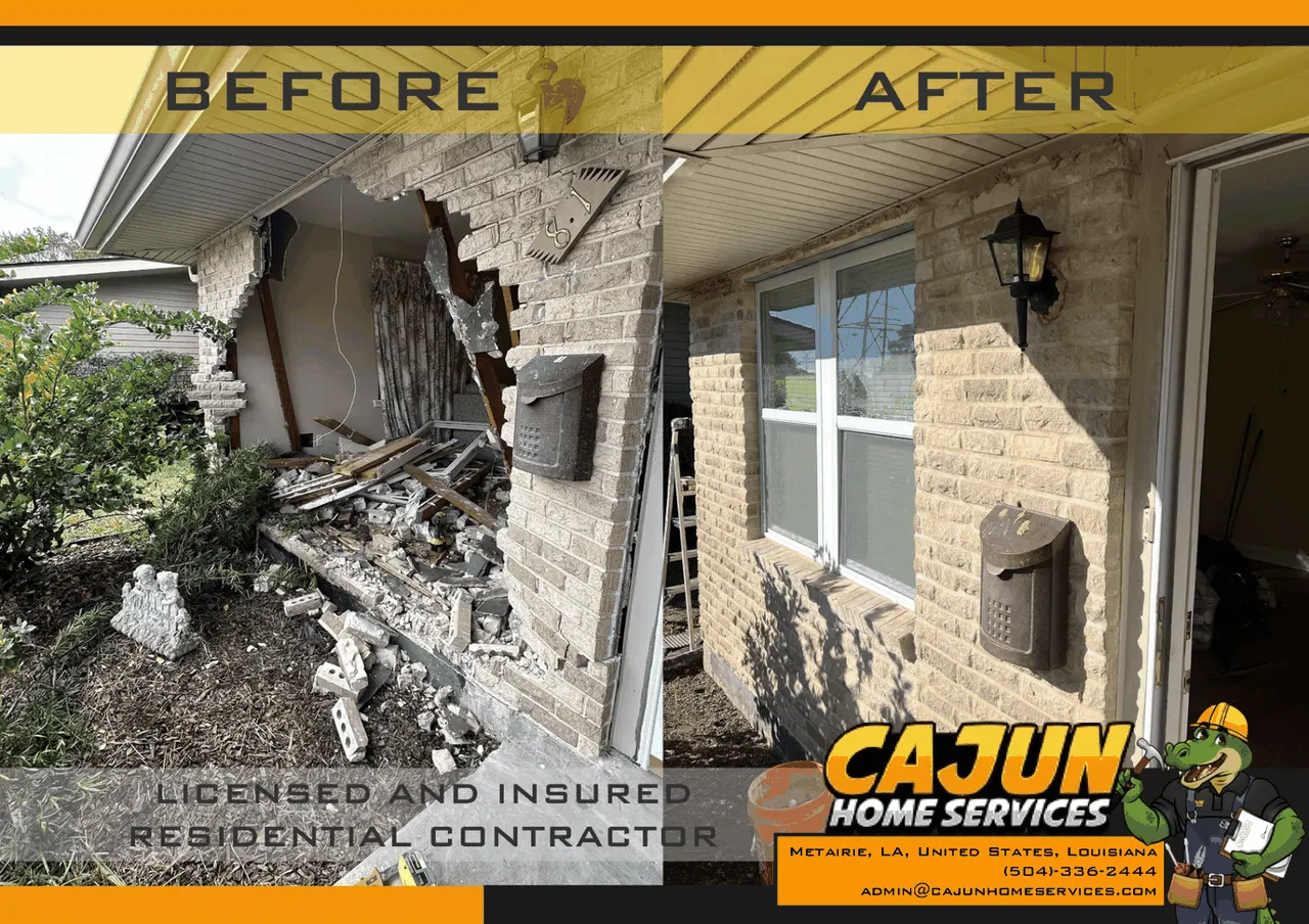 Before and after brick wall structural repair on Gretna Boulevard showing complete masonry restoration