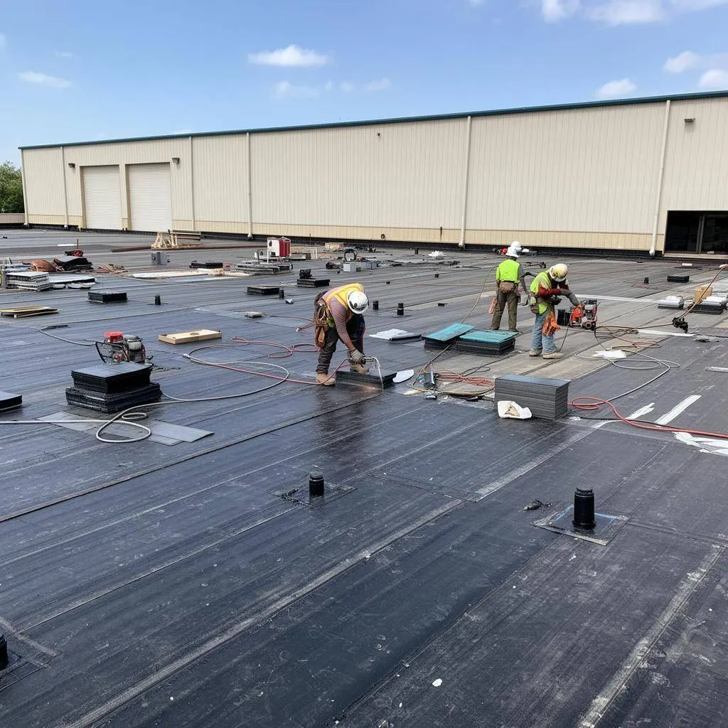 Commercial building roofing project in progress by licensed Louisiana contractor