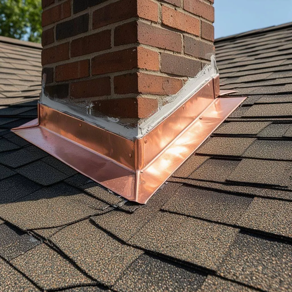 Copper chimney flashing detail on shingle roof showing quality craftsmanship