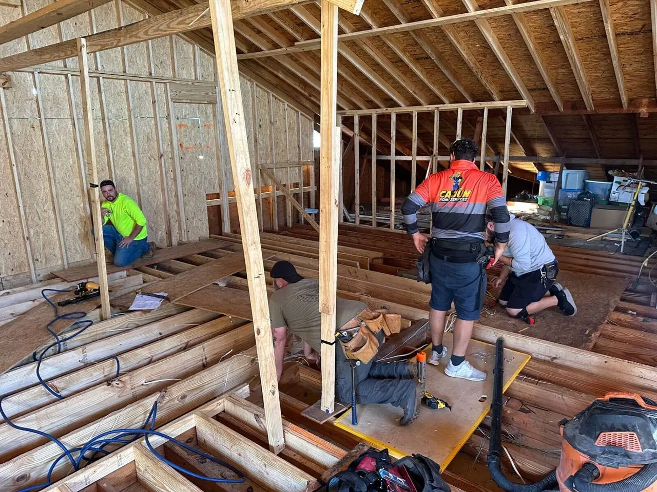 Cajun Home Services crew framing floor joists during home addition in Metairie