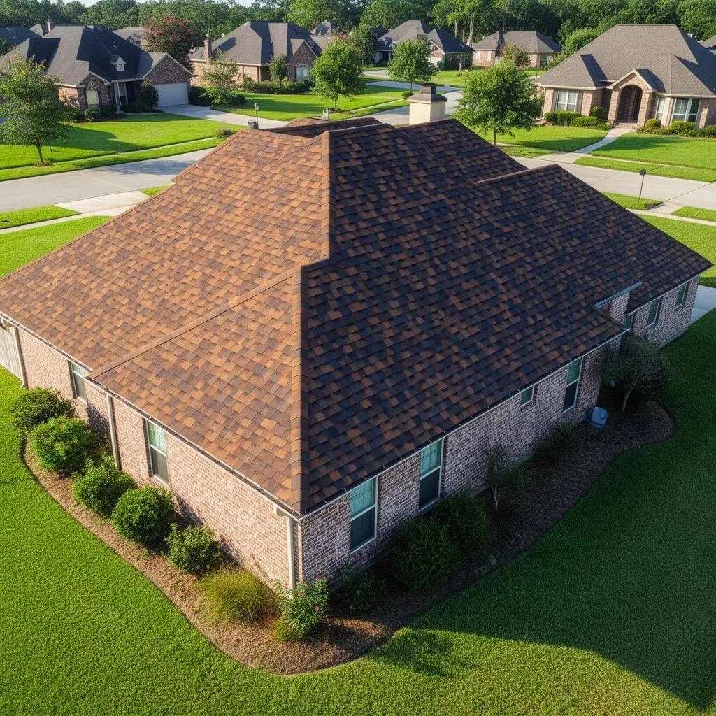 Aerial view of large brick home with designer shingle roof in Destrehan, Louisiana