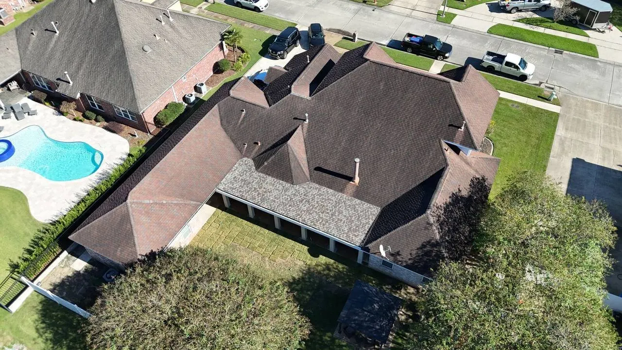 Aerial view of covered patio addition in Destrehan Louisiana