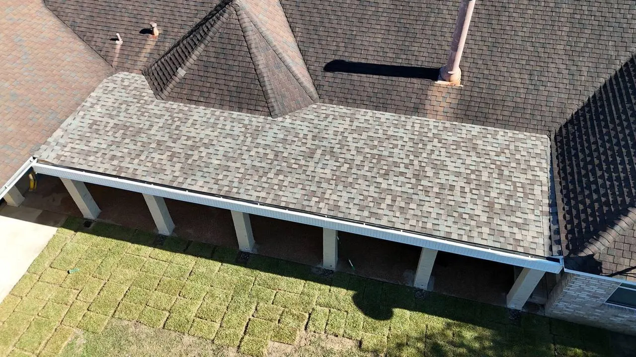 Close-up of covered patio roof and column construction in St. Charles Parish