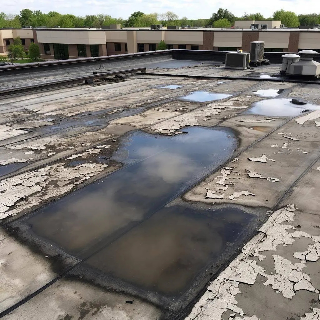 Deteriorated flat roof with ponding water and cracked membrane
