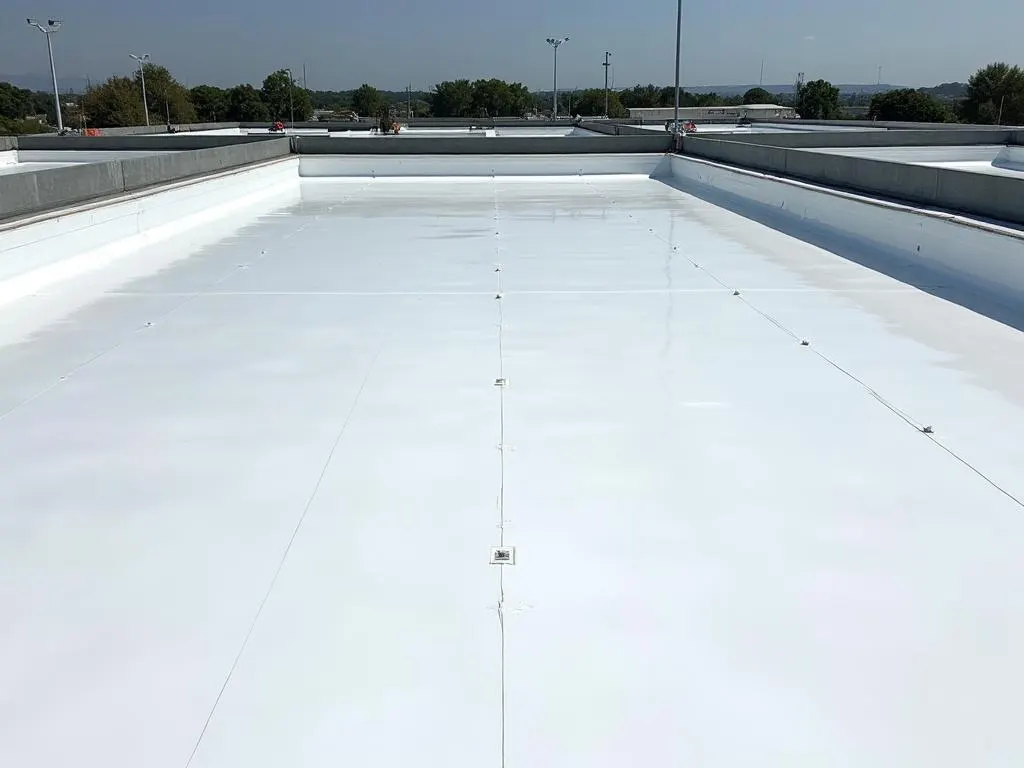 New flat roof membrane installation with proper drainage