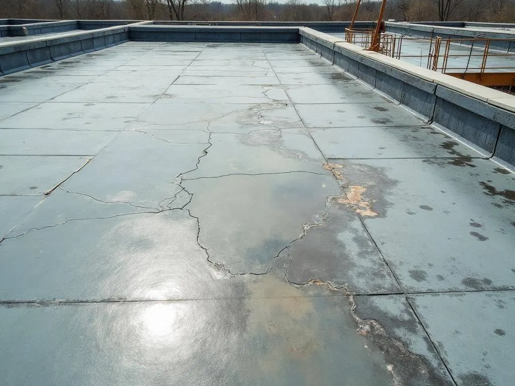 Old flat roof membrane with cracks and deterioration before replacement