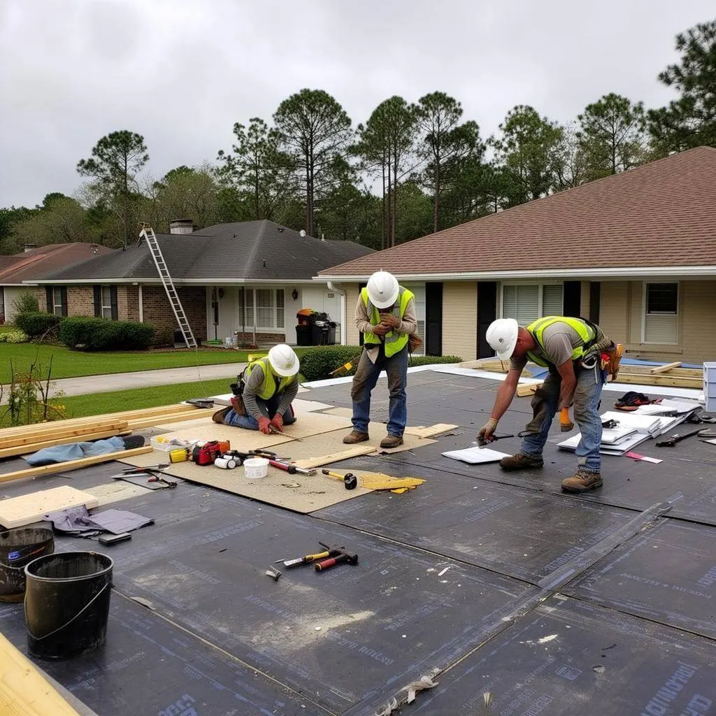 Roofing crew repairing flat roof section on residential home in New Orleans
