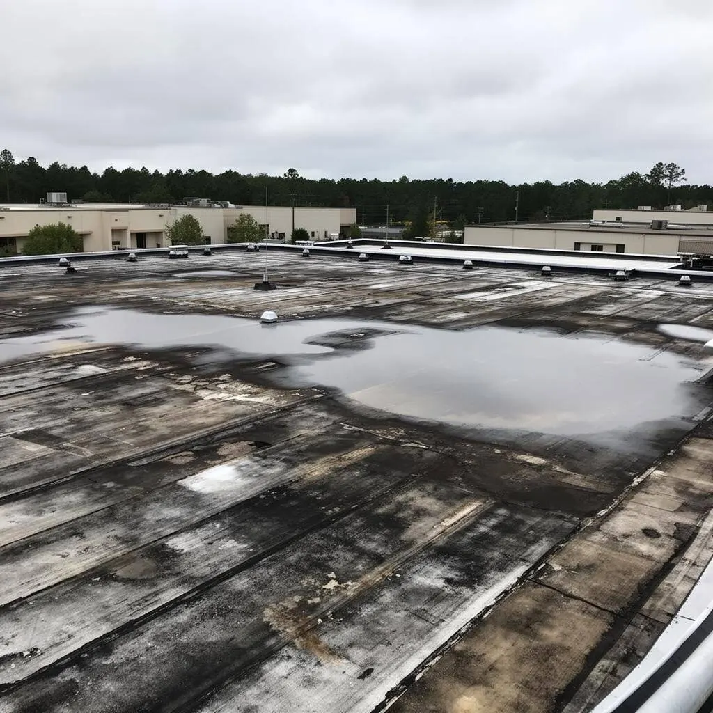 Flat roof damage repair showing deteriorated roofing membrane before restoration