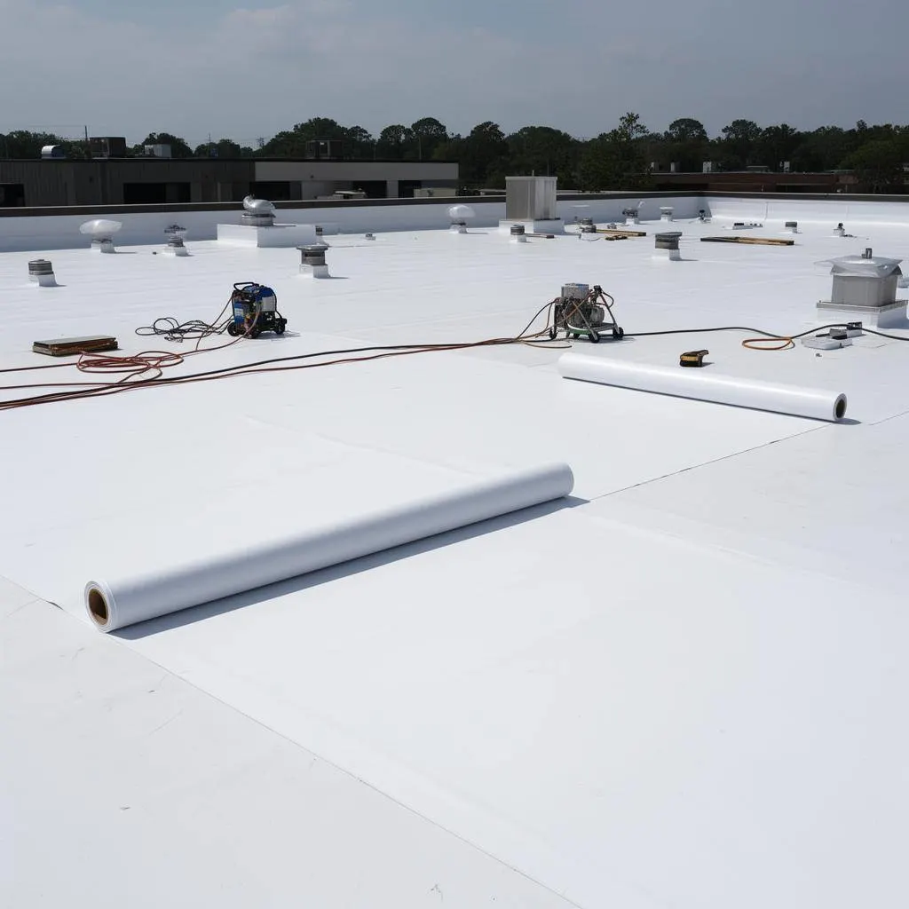 Flat roof membrane installation on commercial property by Cajun Home Services in Louisiana