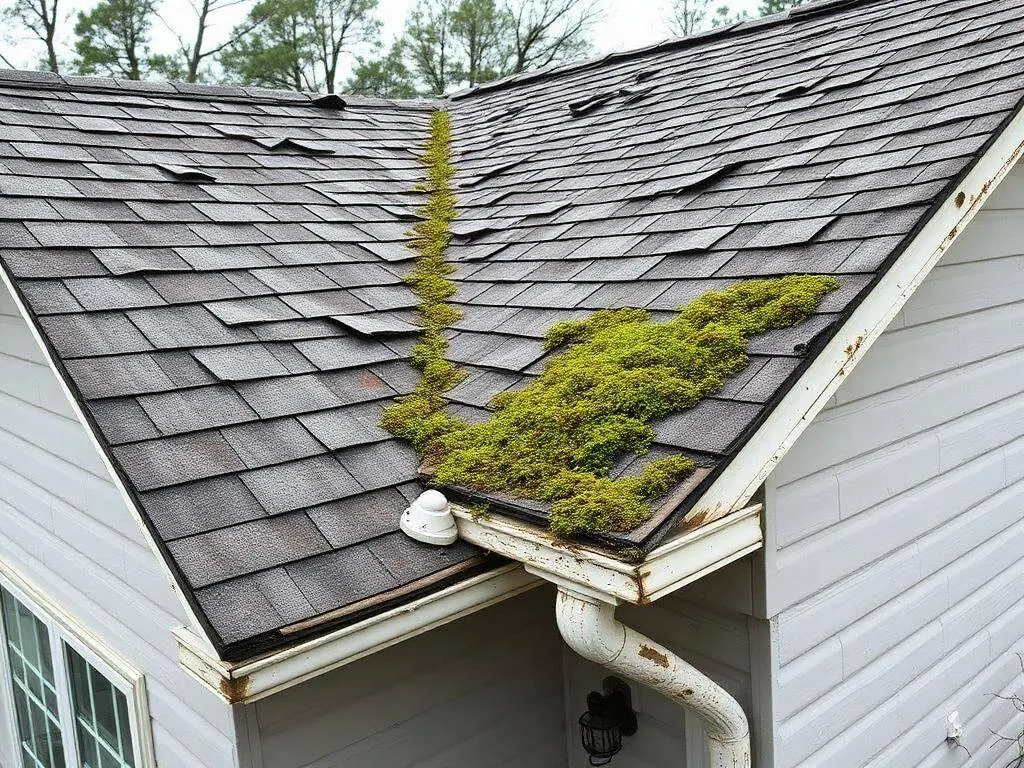 Aging 3-tab shingle roof with moss growth and curling shingles