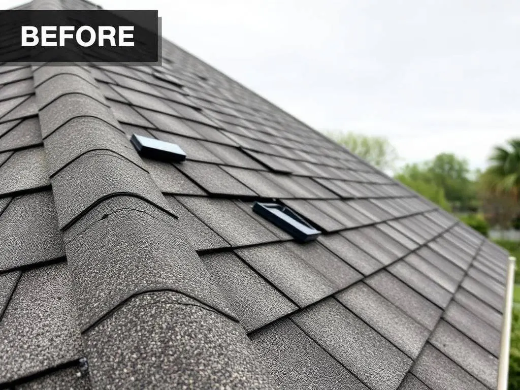 Hail-damaged shingle roof with granule loss and cracking