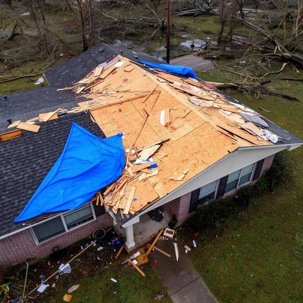 Hurricane-damaged roof with exposed plywood deck and blue tarp