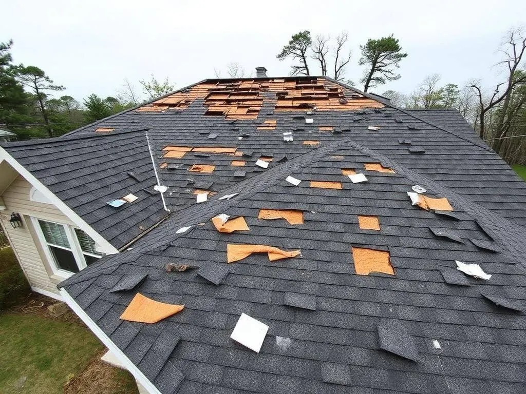 Wind-damaged roof with missing shingles and exposed underlayment