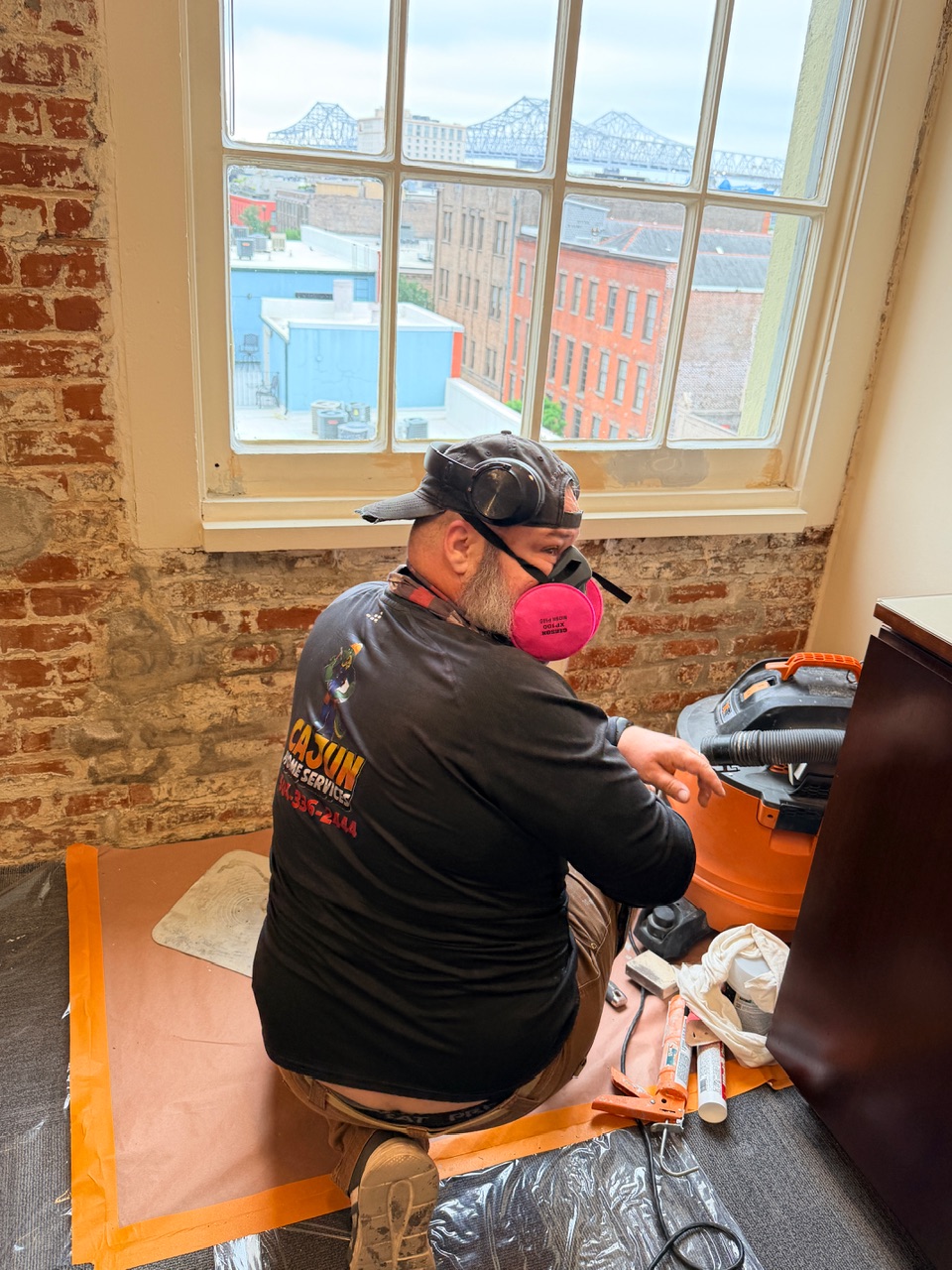 Close detail of historic sash restoration process in downtown New Orleans