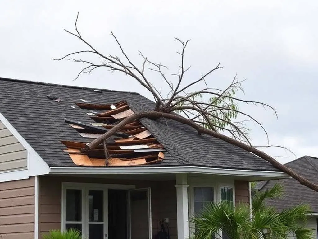 Hurricane storm damage showing tree impact and missing shingles on Louisiana residential roof