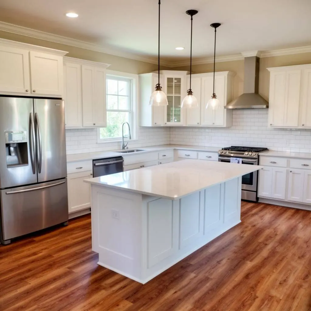 Kitchen remodel with white cabinets and island in Metairie Louisiana
