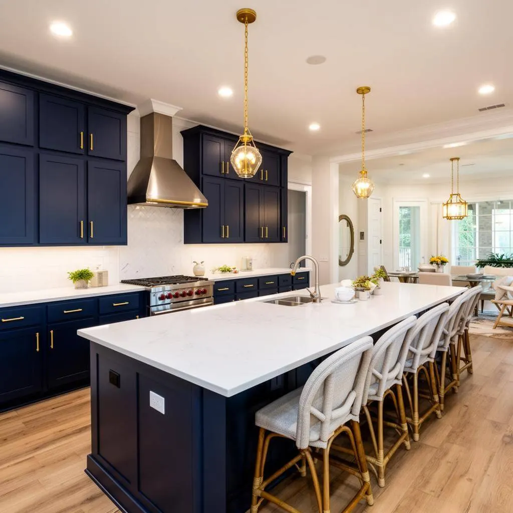 Navy blue cabinet kitchen remodel with marble countertops in New Orleans Louisiana