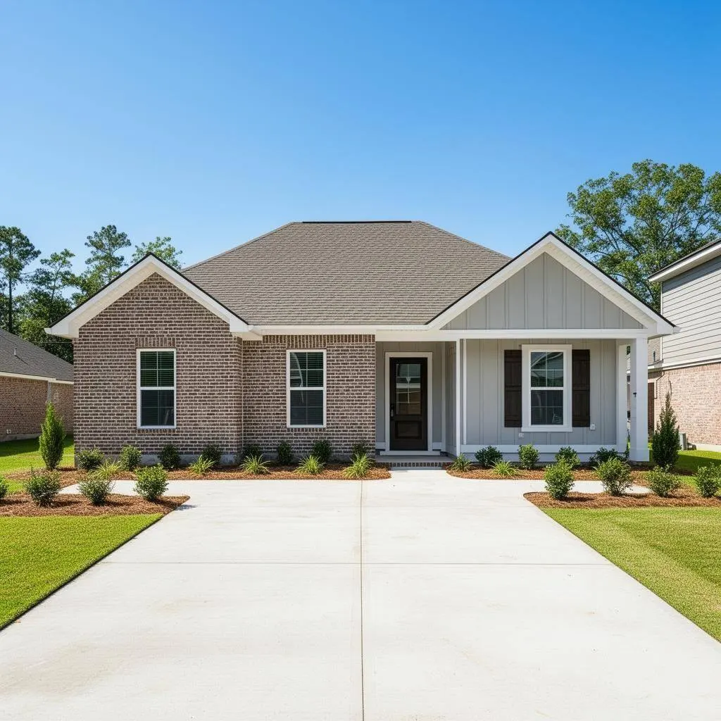 New construction home in Baton Rouge Louisiana with brick and siding exterior