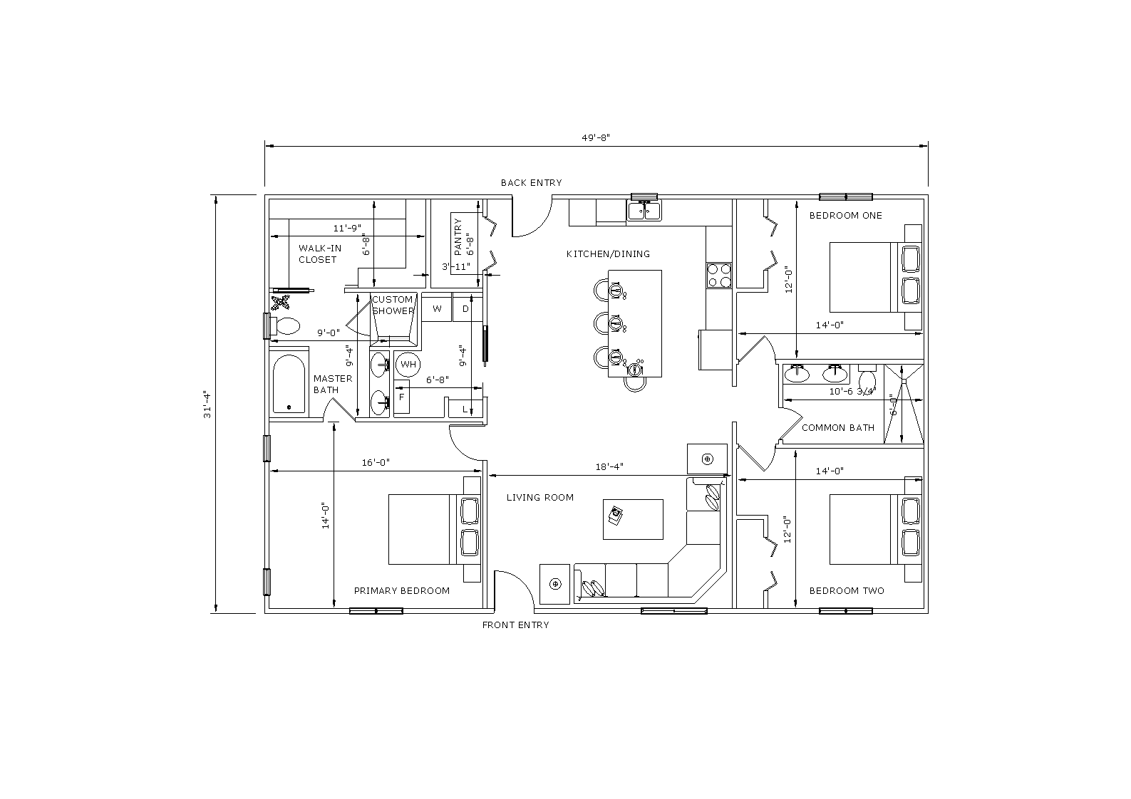 The Acadian Grand Suite floor plan layout — 49' 8" W x 31' 4" D