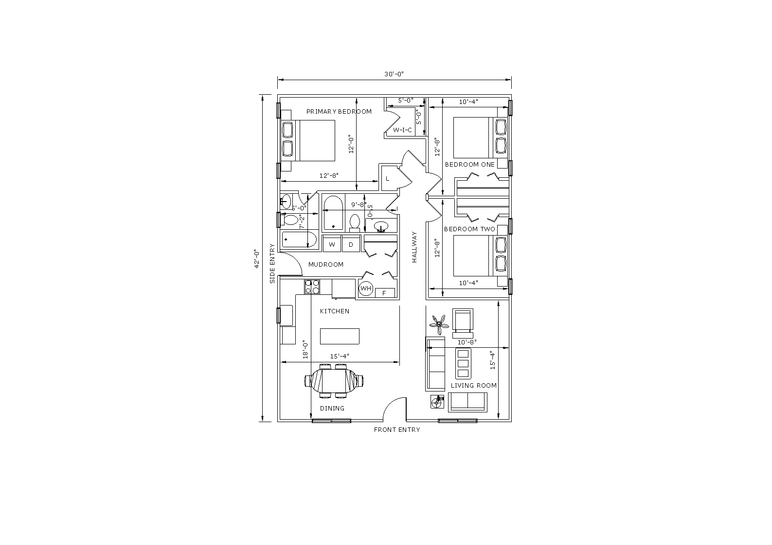 The Delta Mudroom floor plan layout — 30' 0" W x 42' 0" D