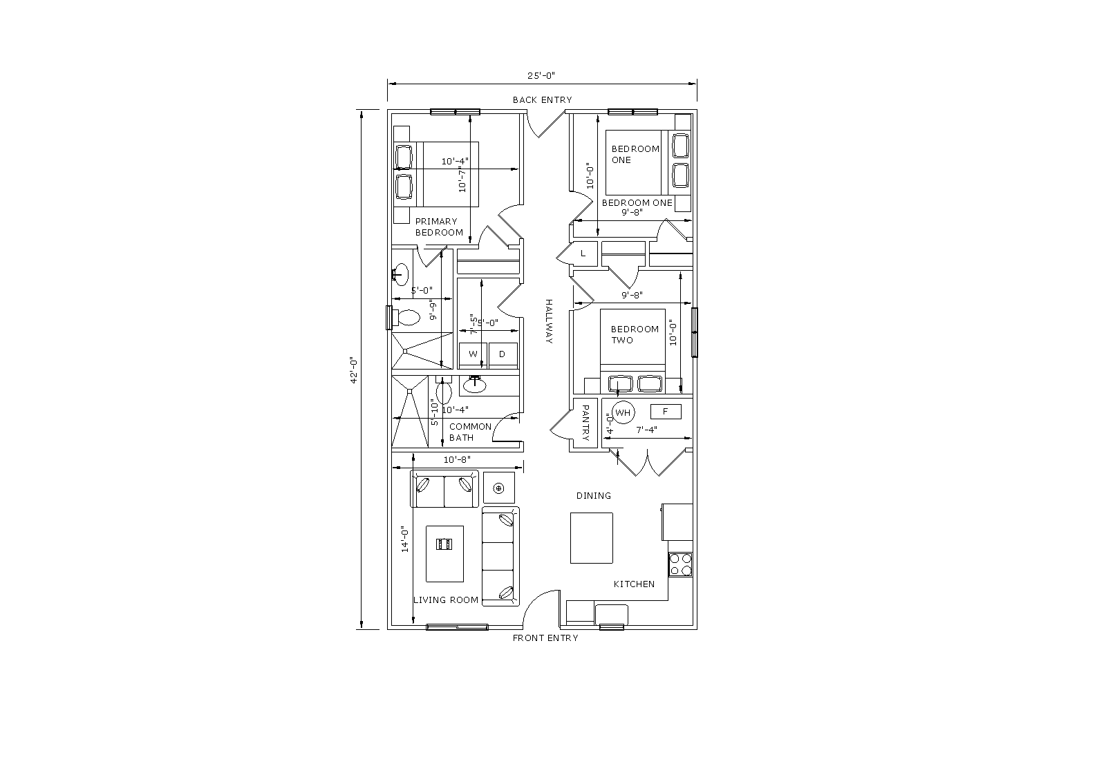 The Crescent Narrow floor plan layout — 25' 0" W x 42' 0" D