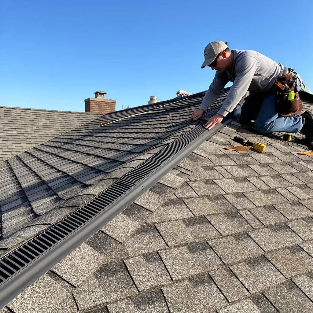 Ridge vent installation on residential roof peak for proper attic ventilation