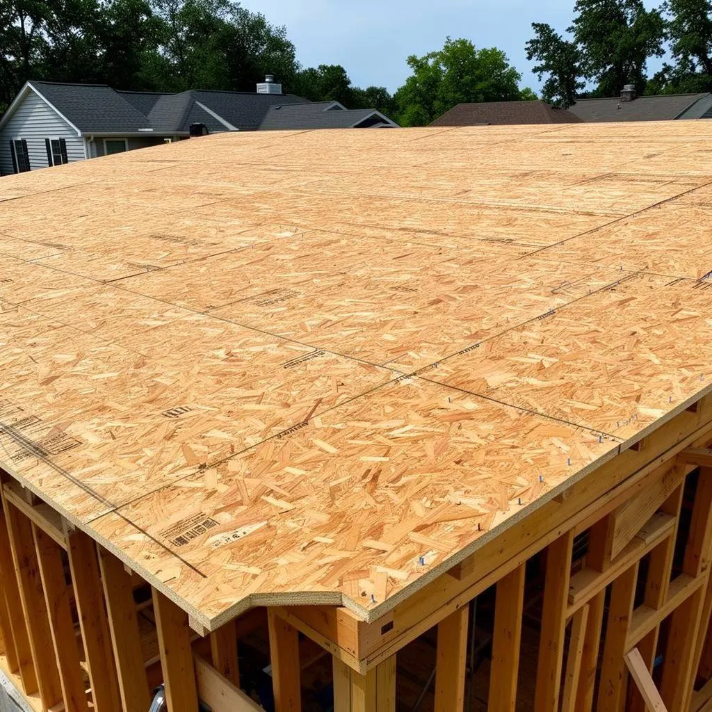 Roof deck stripped to wood sheathing during hurricane-hardening prep on a Louisiana home