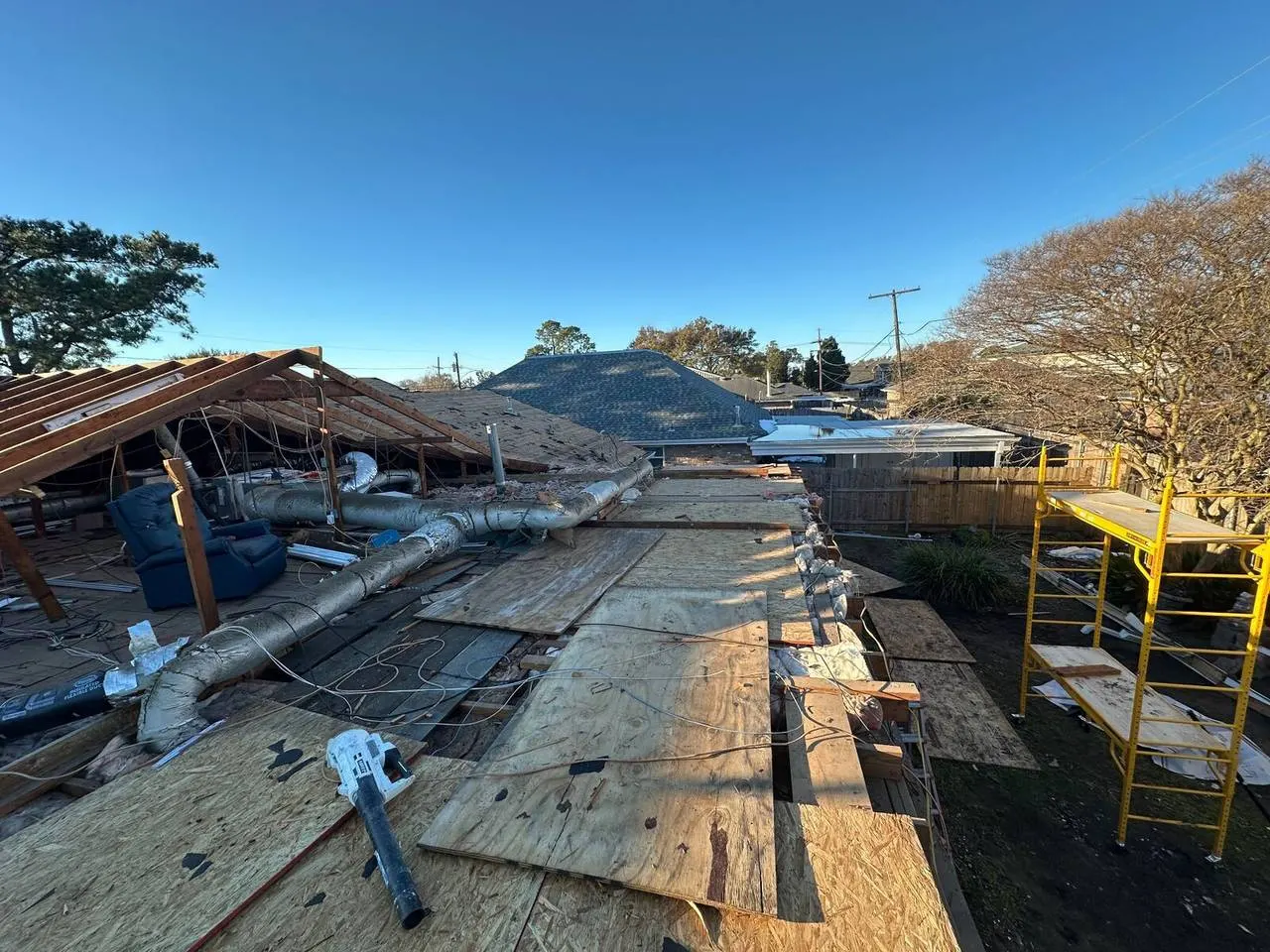 Roof demo and second floor framing beginning on Metairie master bedroom addition