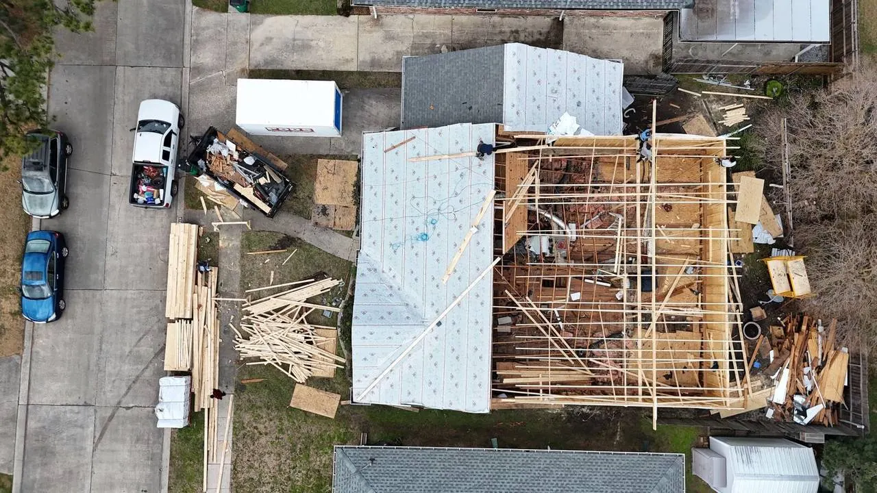 Aerial view of home addition framing in Metairie Louisiana