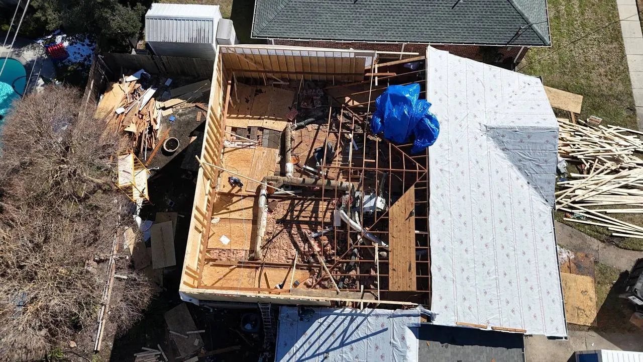Aerial view of second story addition construction in Metairie