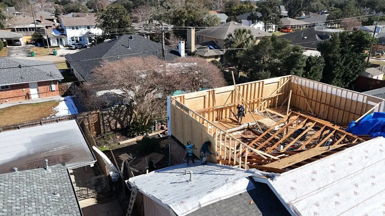 Second story addition framing and roof demo in Metairie, LA