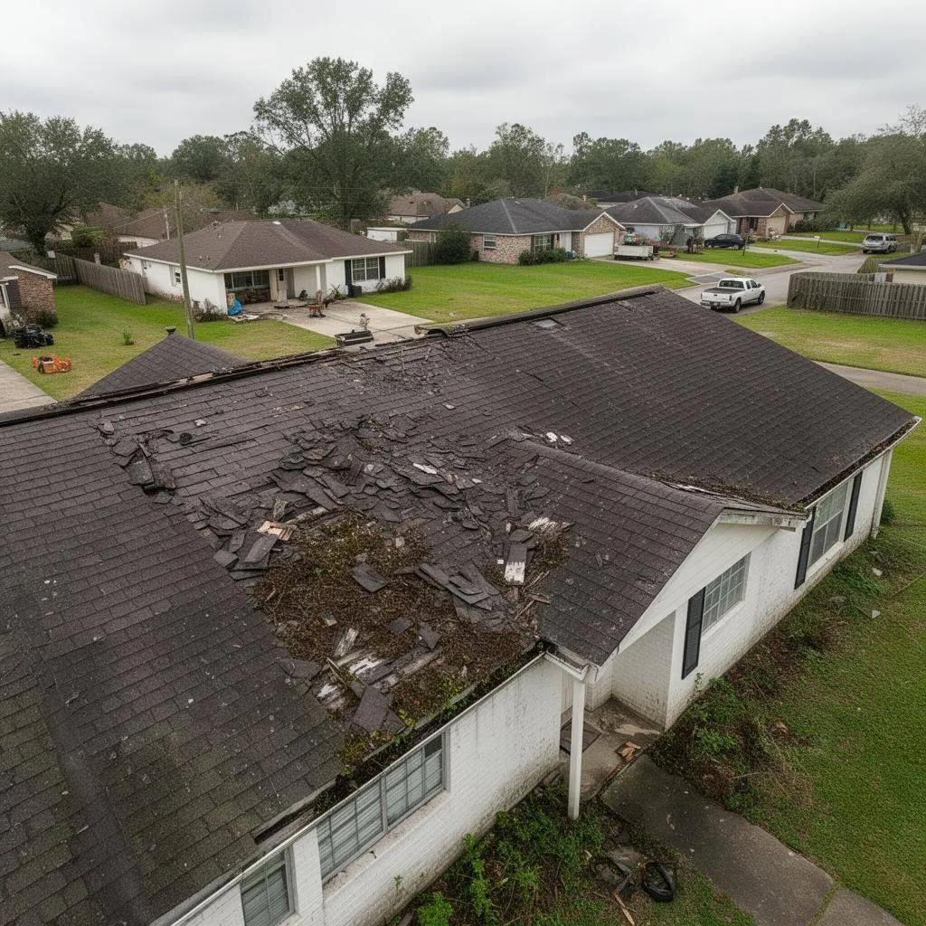 Aged shingle roof with missing and curling shingles before replacement
